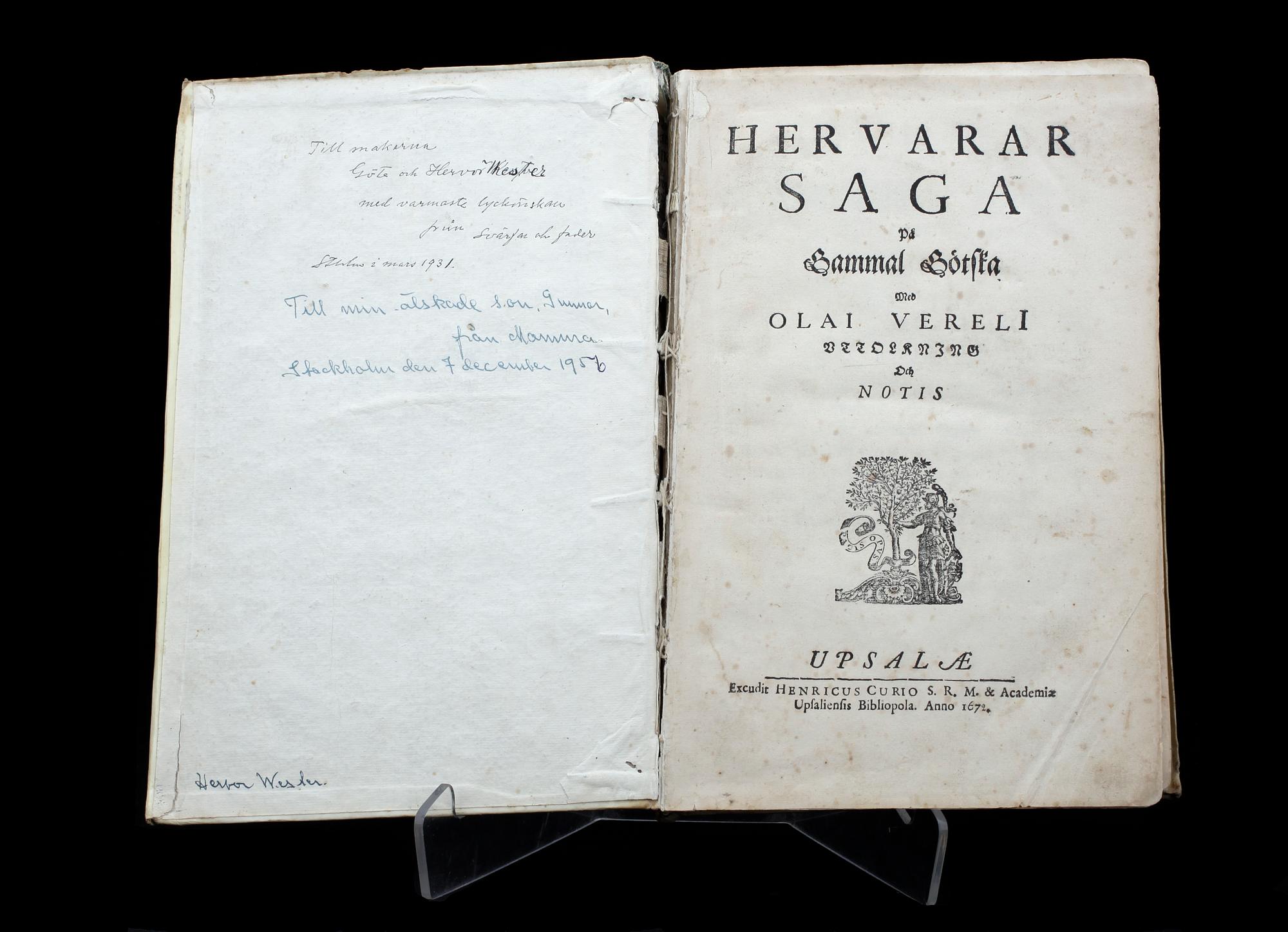 BÖCKER, 2 sambundna, bla "Hervarar Saga på gammal götska", red av Olof Verelius, Uppsala 1672.