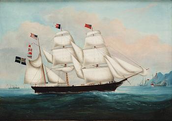 An oil painting by a Chinese artist of the ship "Falco" outside Hong Kong, Qing dynasty, circa 1865.