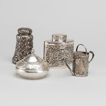 A set of four different silver objects, different makers and origin, silver, weight ca 442 gr.