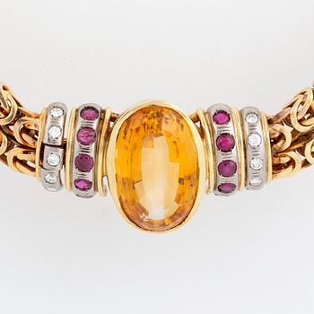 Citrine, ruby and brilliant-cut diamond necklace.