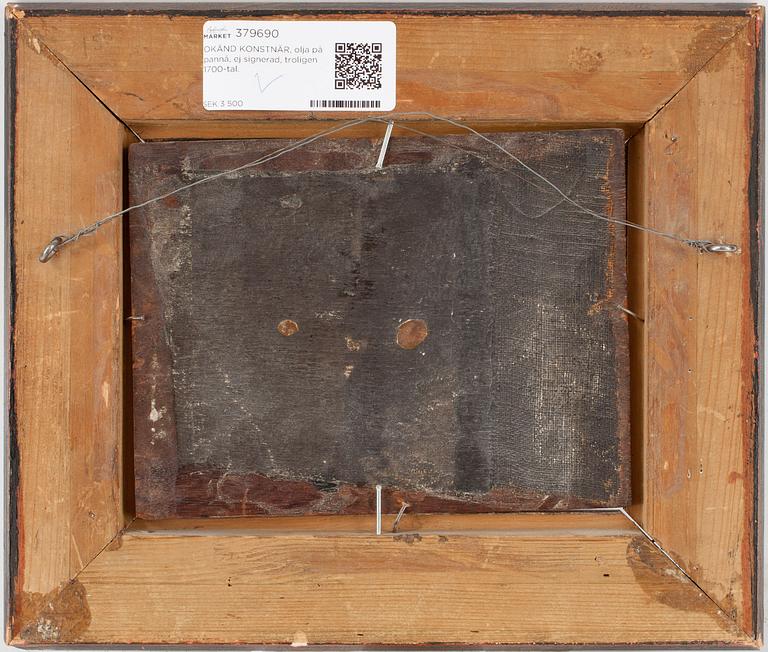 OKÄND KONSTNÄR, olja på pannå, ej signerad, troligen 1700-tal.