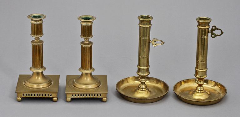 LJUSSTAKAR, två par, mässing, varav ett par Grillby metallfabrik, 1900-tal.