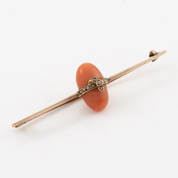Brooch, 14K gold with coral and seed pearls.