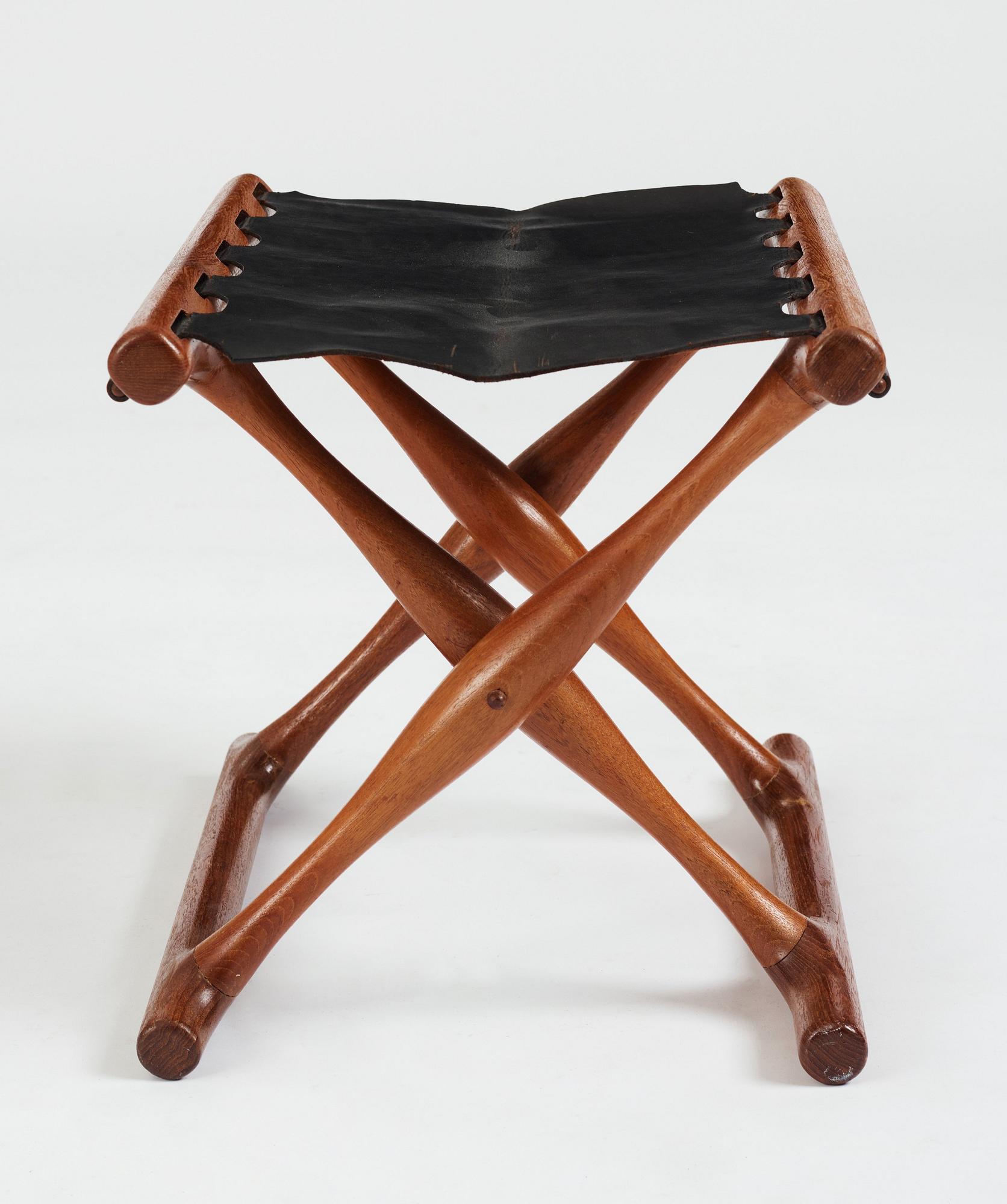 Poul Hundevad, a "Guldhøj" teak and leather Folding Stool for Vamdrup, Denmark 1960's.