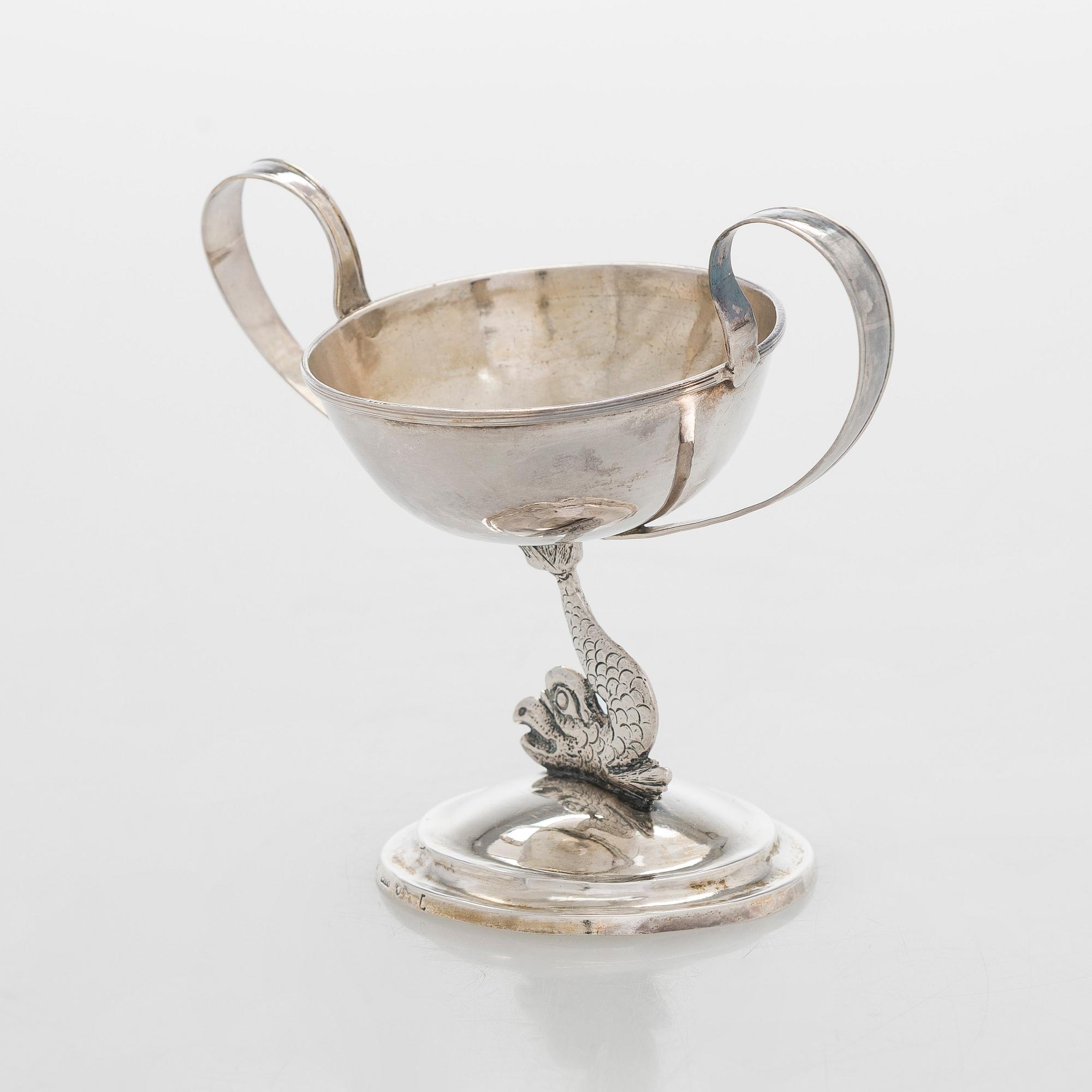 Saltkar, silver, C. I. Rindell 1810-37, och matskedar, 6 st, silver, A. Mörck, Björneborg 1800-talets första hälft.