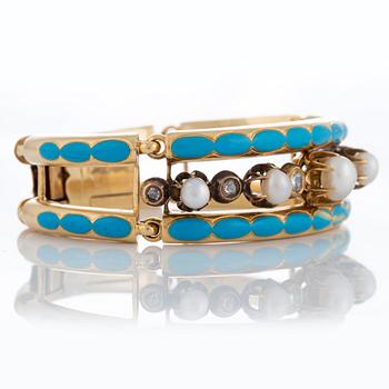 Labitte Frères armband 18K guld med emaljdekor samt rosenslipade diamanter och pärlor.