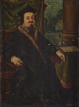 427. FLEMISH 17TH CENTURY SCHOOL, Interior with elegant man in a fur-lined coat.