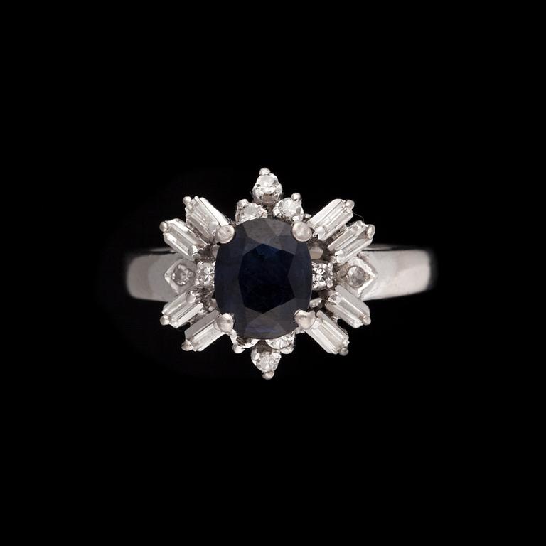 RING, 18K vitguld, fasettslipad safir 1,60 ct, diamanter. Vikt 4,75 g.