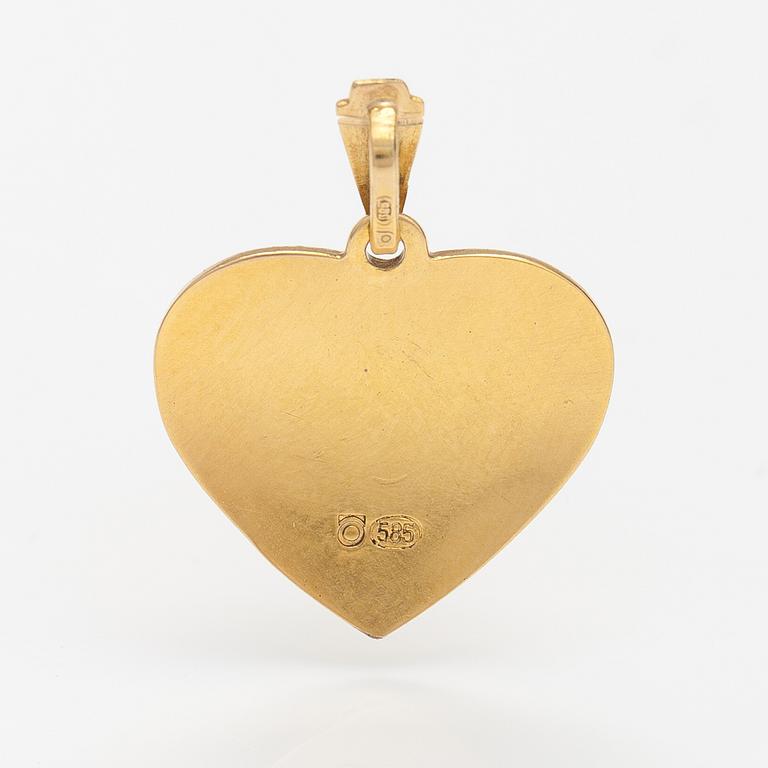 A 14K gold heart shaped pendatn with a rose in enamel.