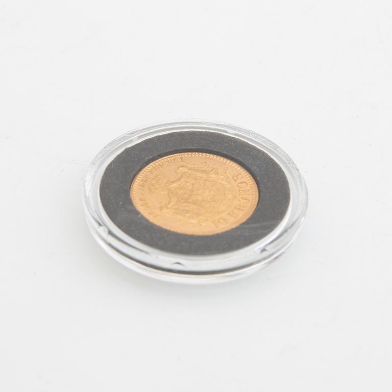 Guldmynt Sverige, Oscar II 10 kr, 1883, stort LA utan punkter.