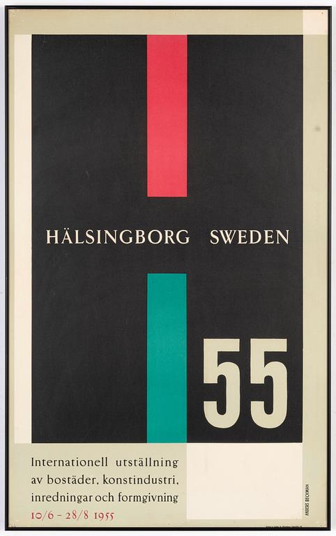 Anders Beckman, Utställningsaffisch, "H-55 - Internationell utställning av bostäder, konstindustri, inredningar och formgivning", 1955.