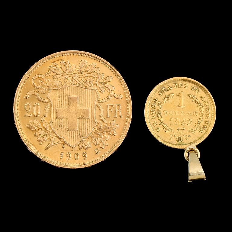 GULDMYNT, 2 st, 20 franc, Schweiz, 1909 samt 1 dollar, USA, 1853. Vikt ca 8 g.