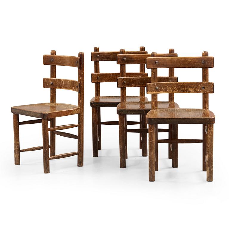 Axel Einar Hjorth, A set of four Axel Einar Hjorth stained and lacquered 'Sandhamn' pine chairs, Nordiska Kompaniet, Sweden post 1929.