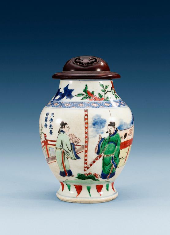 A Transitional Wucai jar, Qing dynasty, 17th Century.