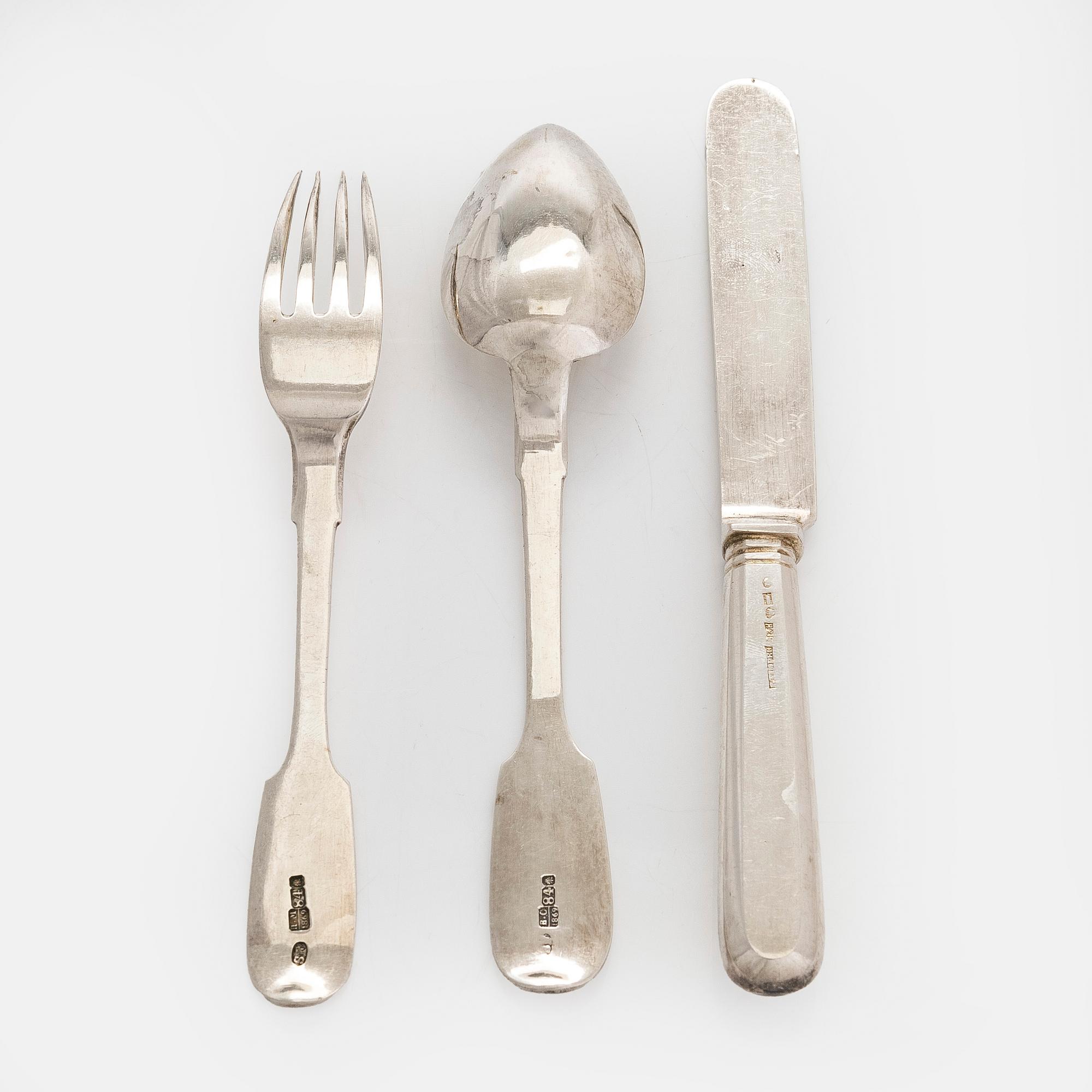 Cutlery in case, 3 pcs, silver, Filander and Timper, St Petersburg 1869 and Helsinki 1900.
