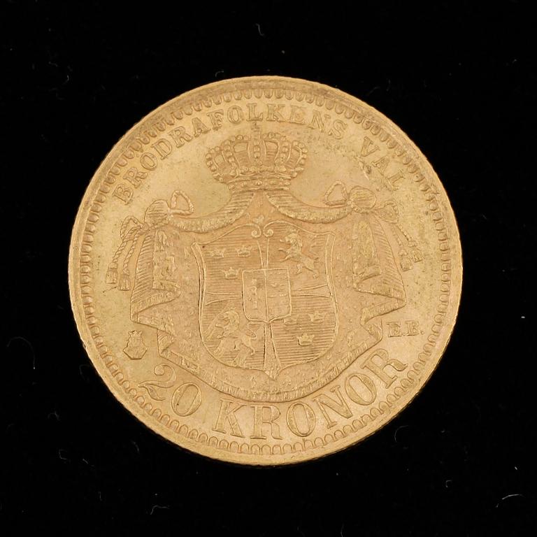 GULDMYNT, 20 Kronor, Oscar II, Sverige-Norge 1878. Vikt ca 8 gram.