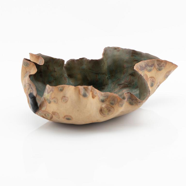 Tyra Lundgren, a partially glazed stoneware dish, Gustavsberg, mid 20th century.
