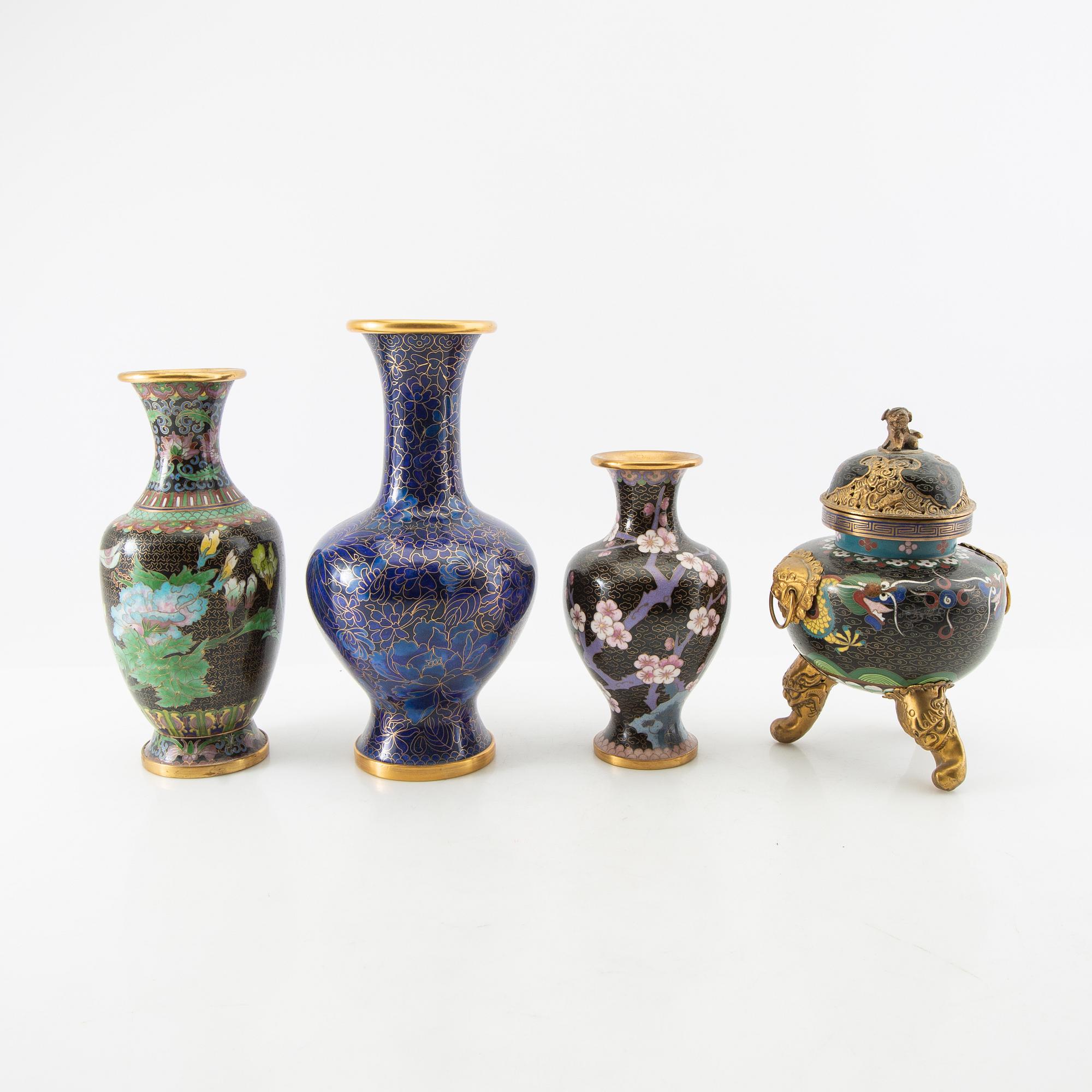 Vases 3 pcs and incense burner China cloisonné works 20th century.