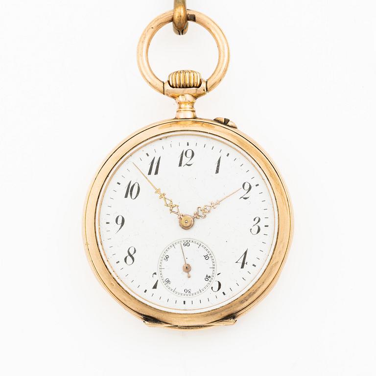 Pocket watch, 37 mm, 14K gold, Chain in 18K gold.