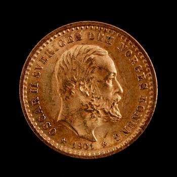 GULDMYNT, 5 kronor, Oscar II, 1901.  Vikt ca 2 gram.