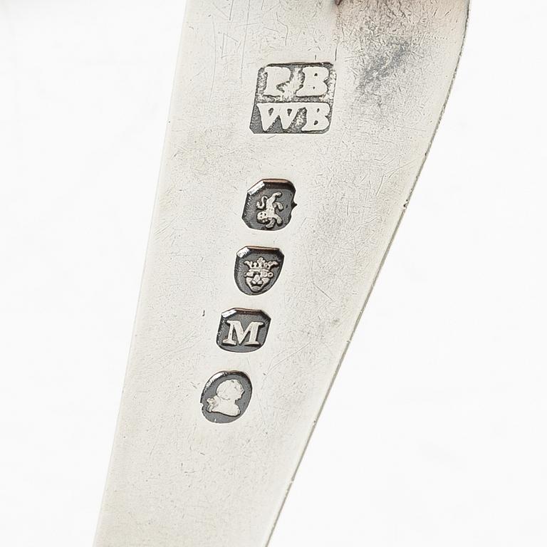 A pair of 18th century silver sauce boats, Richard William, Ireland, spoons, Peter & William Bateman, London 1807.