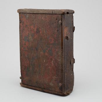 AN ALMSBOX/ALTAR CUPBOARD, painted wood, probably 17th century.