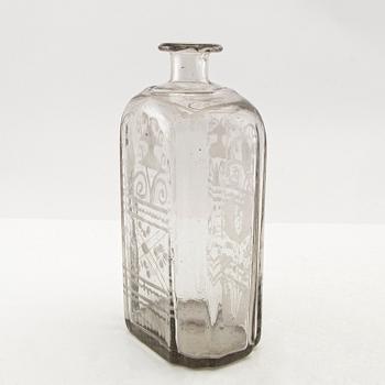 Flaska, glas. Troligen Skånska glasbruket, 1700-tal.