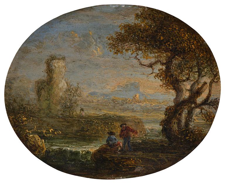 Jan de Momper ("Monsu X"), Italienskt flodlandskap med figurer och kastell.