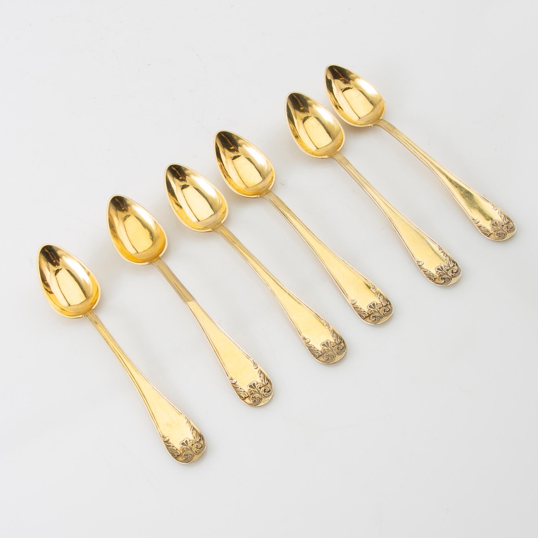 Lars Larsson & Co Spoons 18 pcs "Old French" gilded silver Gothenburg 1867.