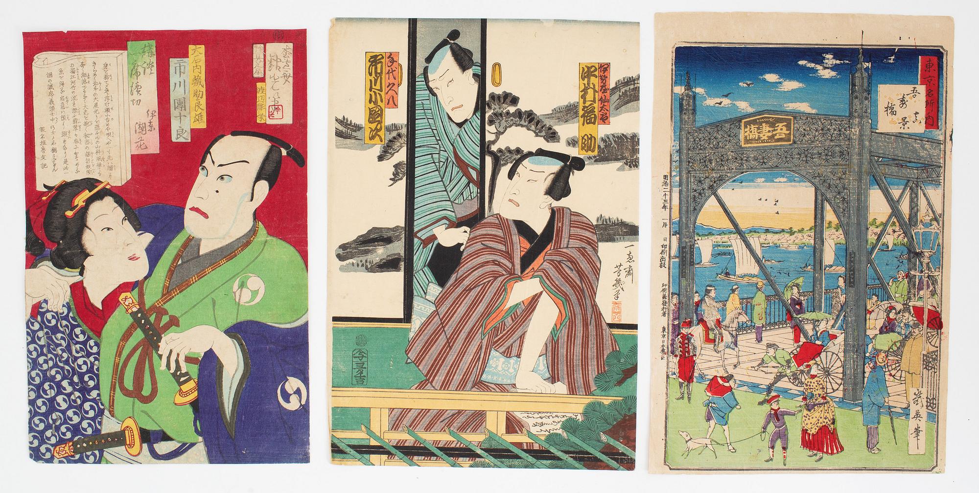 A set of three Japanese woodblock prints, including Kobayashi Ikuhide, later opart of the 19th Century.