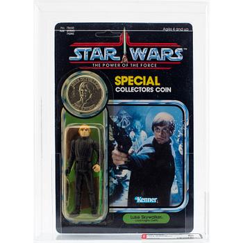 STAR WARS, Luke Skywalker (Jedi Knight Outfit), POTF 92 back, AFA 85 NM+, Kenner 1985.