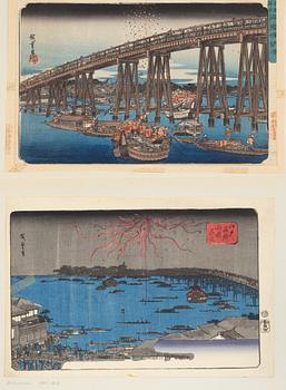 Ando Utagawa Hiroshige, two woodblock prints 'Cooling off at Ryōgoku Bridge' and 'Fireworks at Ryogoku Bridge'.