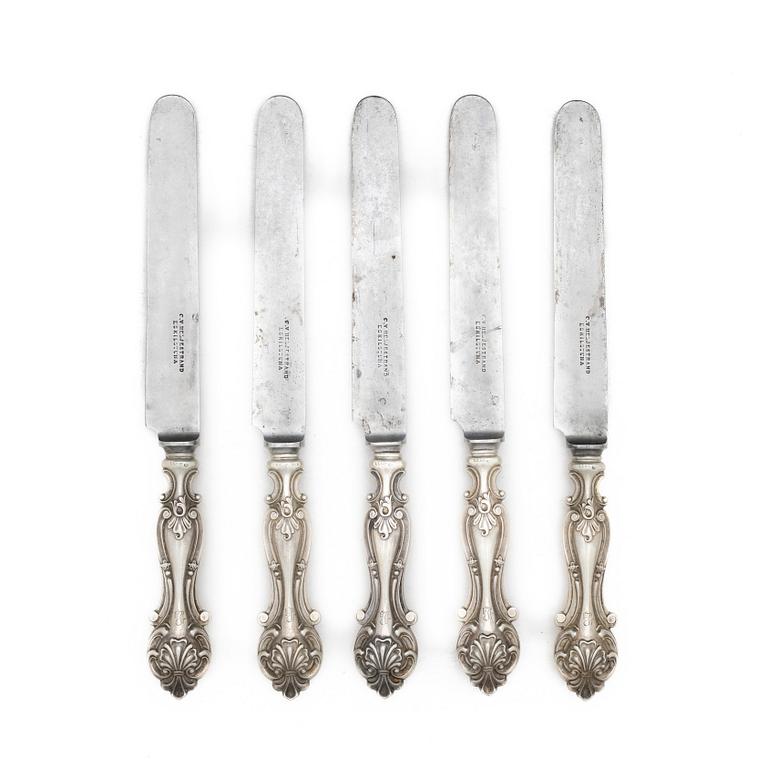 Five silver knives, Lars Larsson & co, Gothenburg, Sweden 1857.