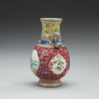 A pink and yellow ground famille rose vase, China, Republic, 20th Century with Qianlong seal mark.