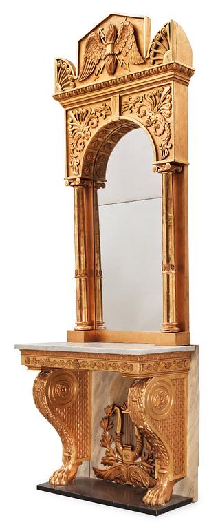 A Swedish Empire 19th century mirror and console table attributed to P G Bylander, master 1802.