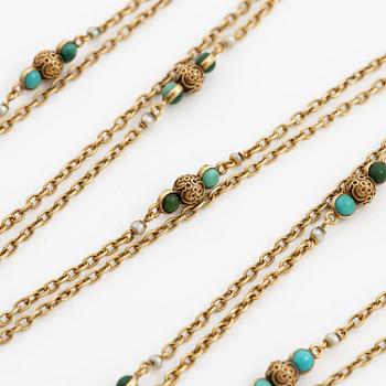 Hänge 14K guld med kedja 18K guld med emalj, turkoser, seedpärlor, rosenslipade diamanter och rubiner, 1800-tal.