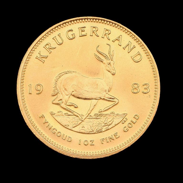 GULDMYNT, finguld, Krugerrand, Sydafrika, 1983. Vikt ca 31 g.