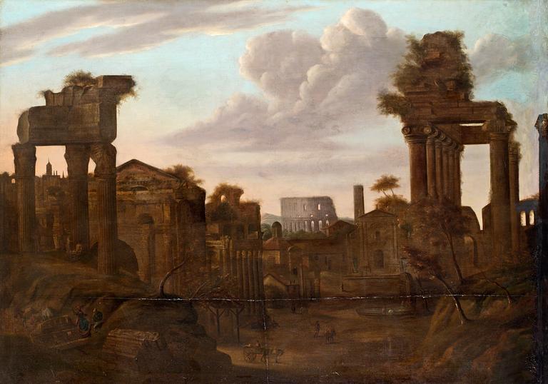 Pieter van Bredael Hans krets, Vy över Forum Romanum mot Colosseum, Rom.