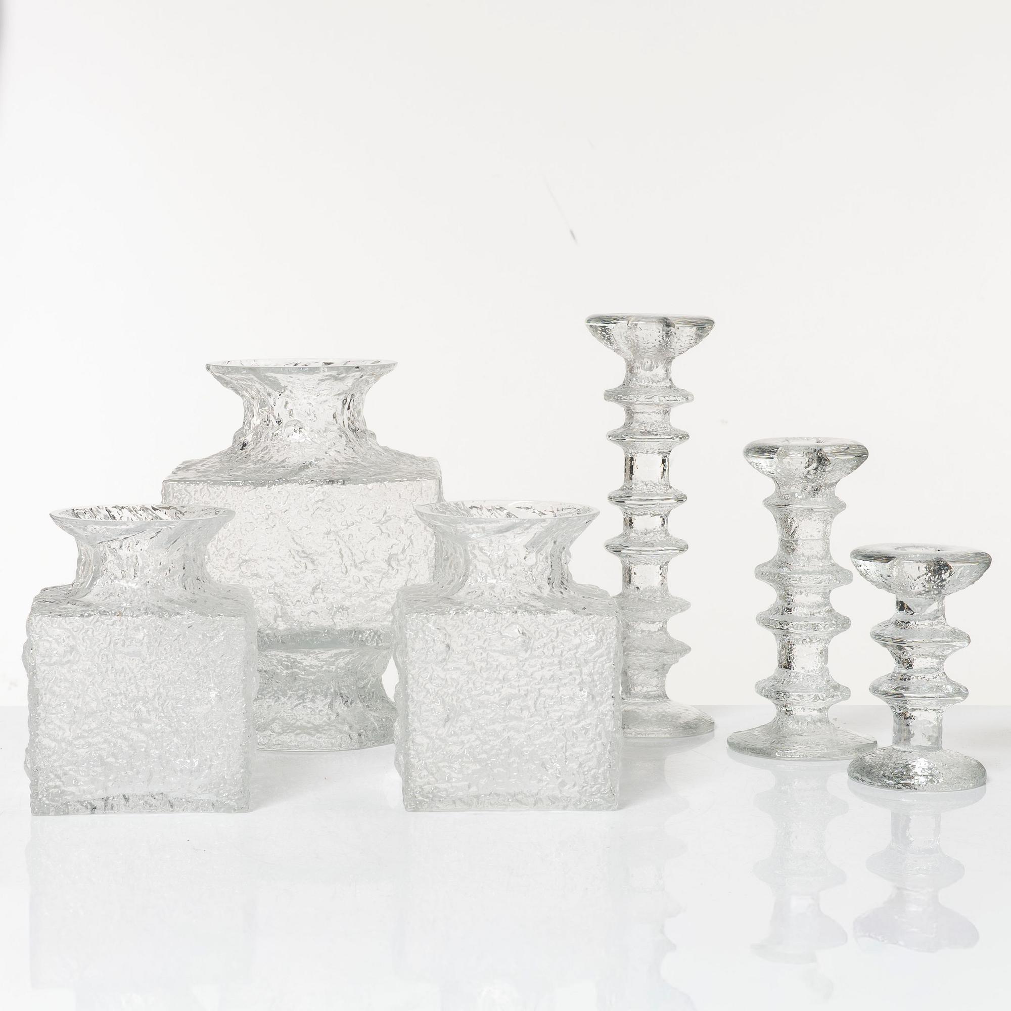 Timo Sarpaneva, a set of 3 vases and 3 candlesticks, Iittala, Finland.