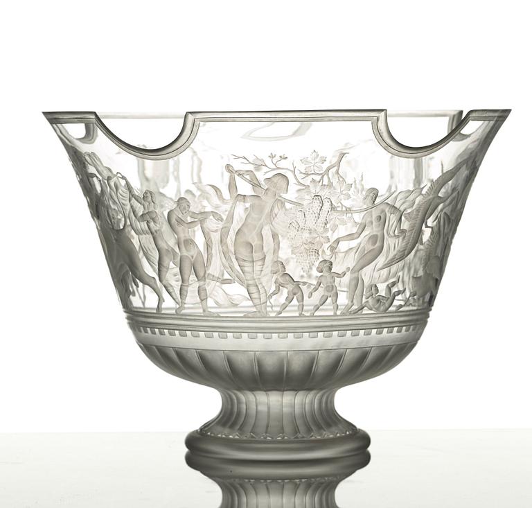Simon Gate, a Swedish Grace engraved "Bacchus" bowl, Orrefors, Sweden 1926, engraved by Arthur Diessner.