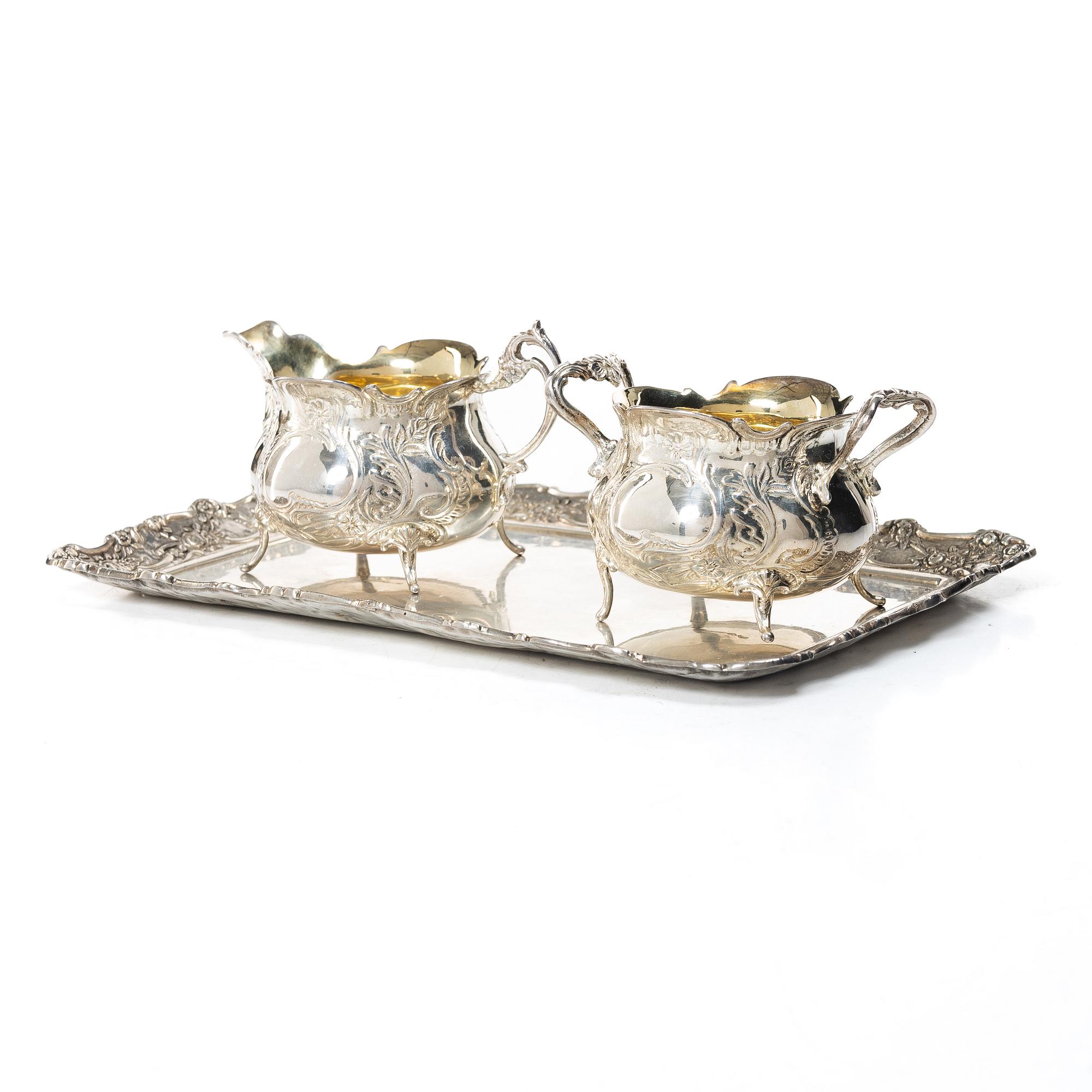 Tray, cream jug and sugar bowl, silver, GEWE, Malmö, 1959–68.
