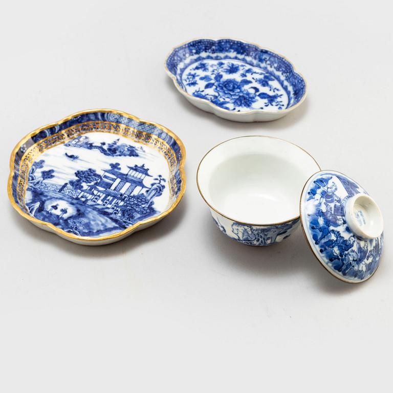 Three plates, two serving dishes and a cup with cover, Qing dynasty, 18th and 19th century.