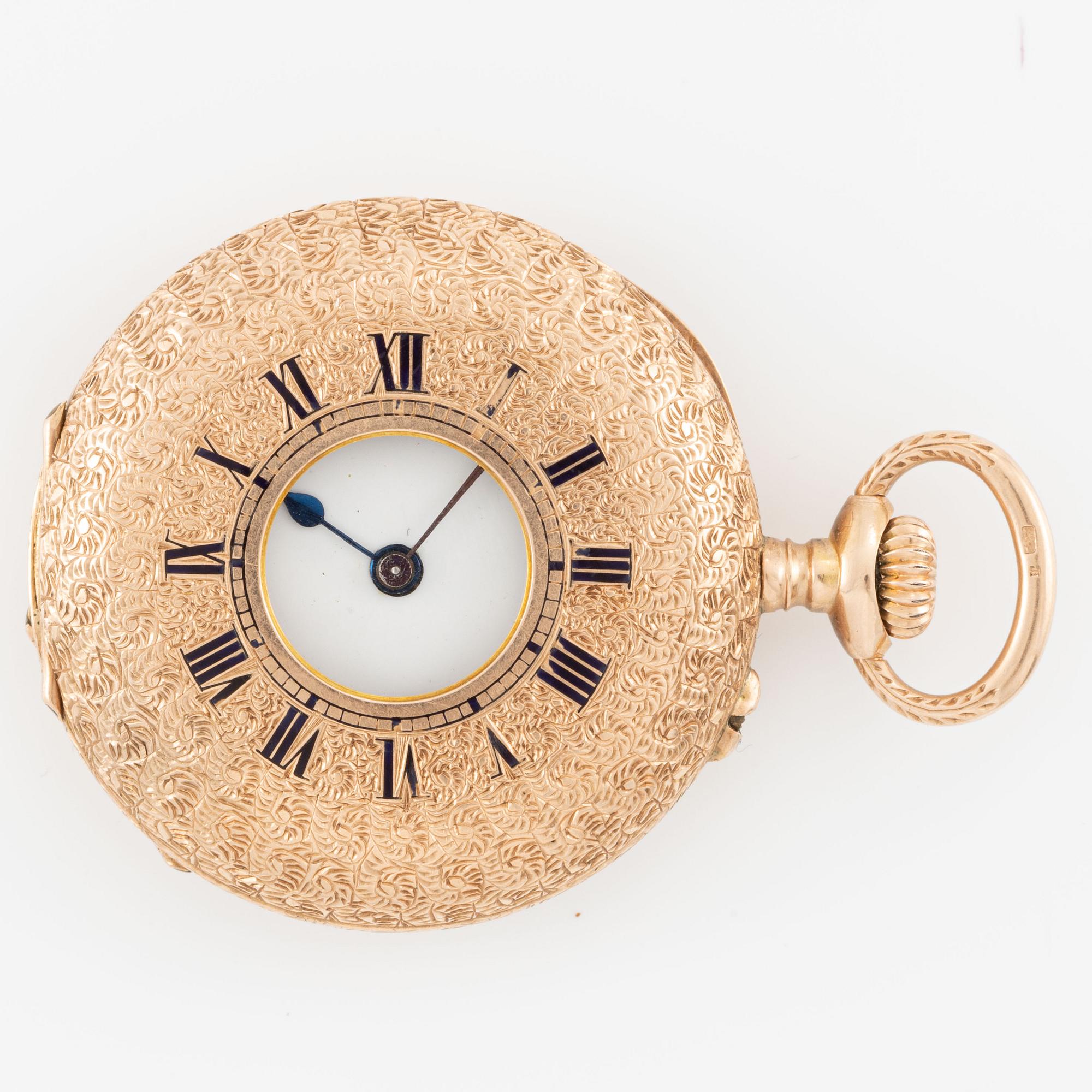 Pocket watch, half hunter, 14K gold, 32.5 mm.