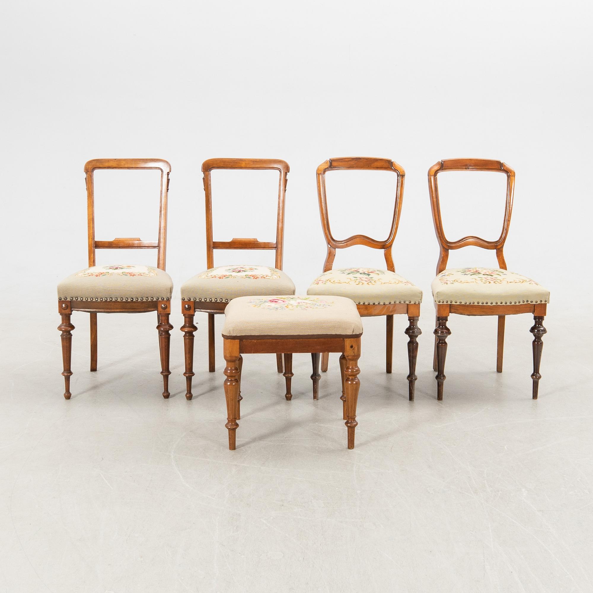Chairs 2 pairs and a stool, late 19th century (5 pcs).
