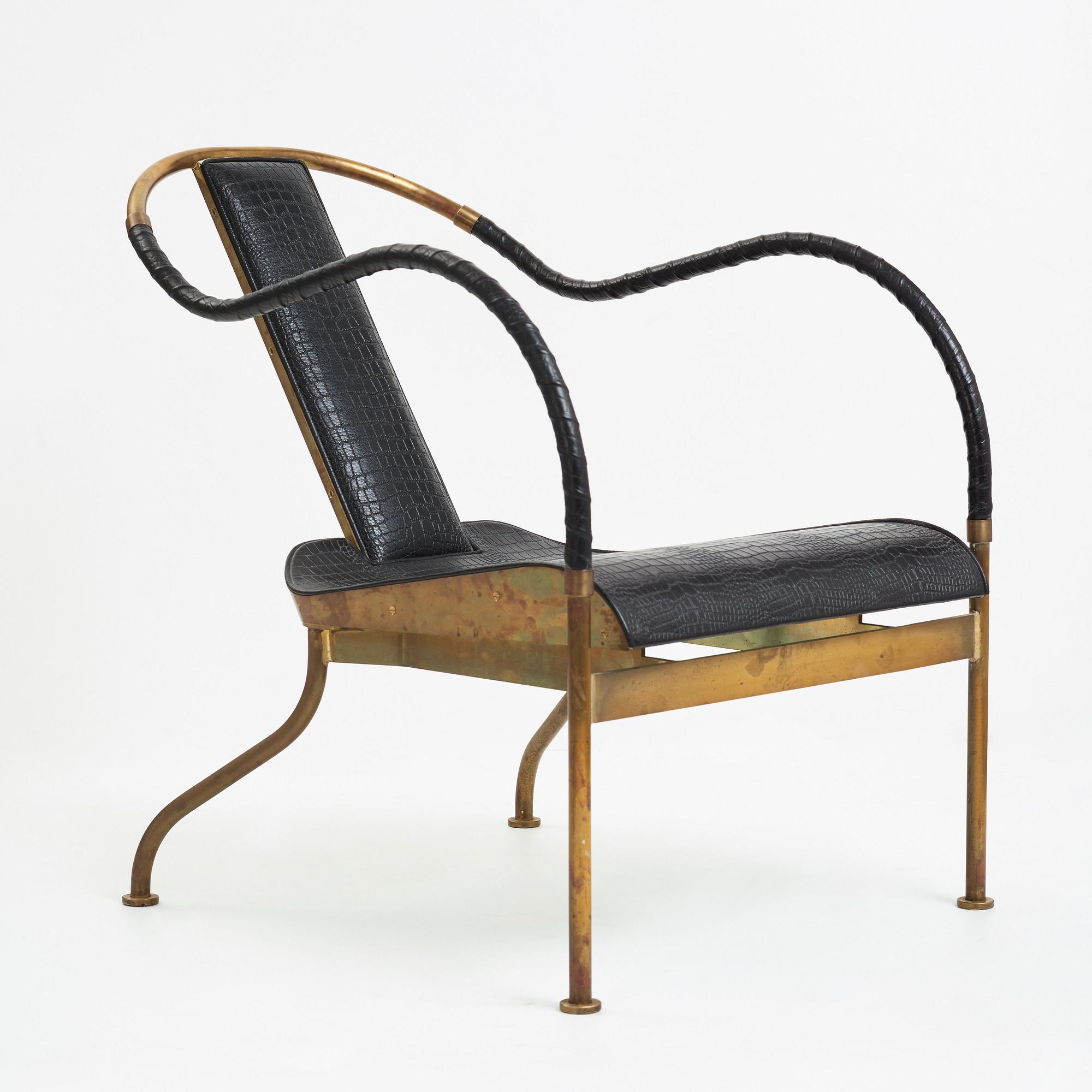Mats Theselius, an "El Rey" brass and black leather armchair, Källemo, Sweden post 1999.