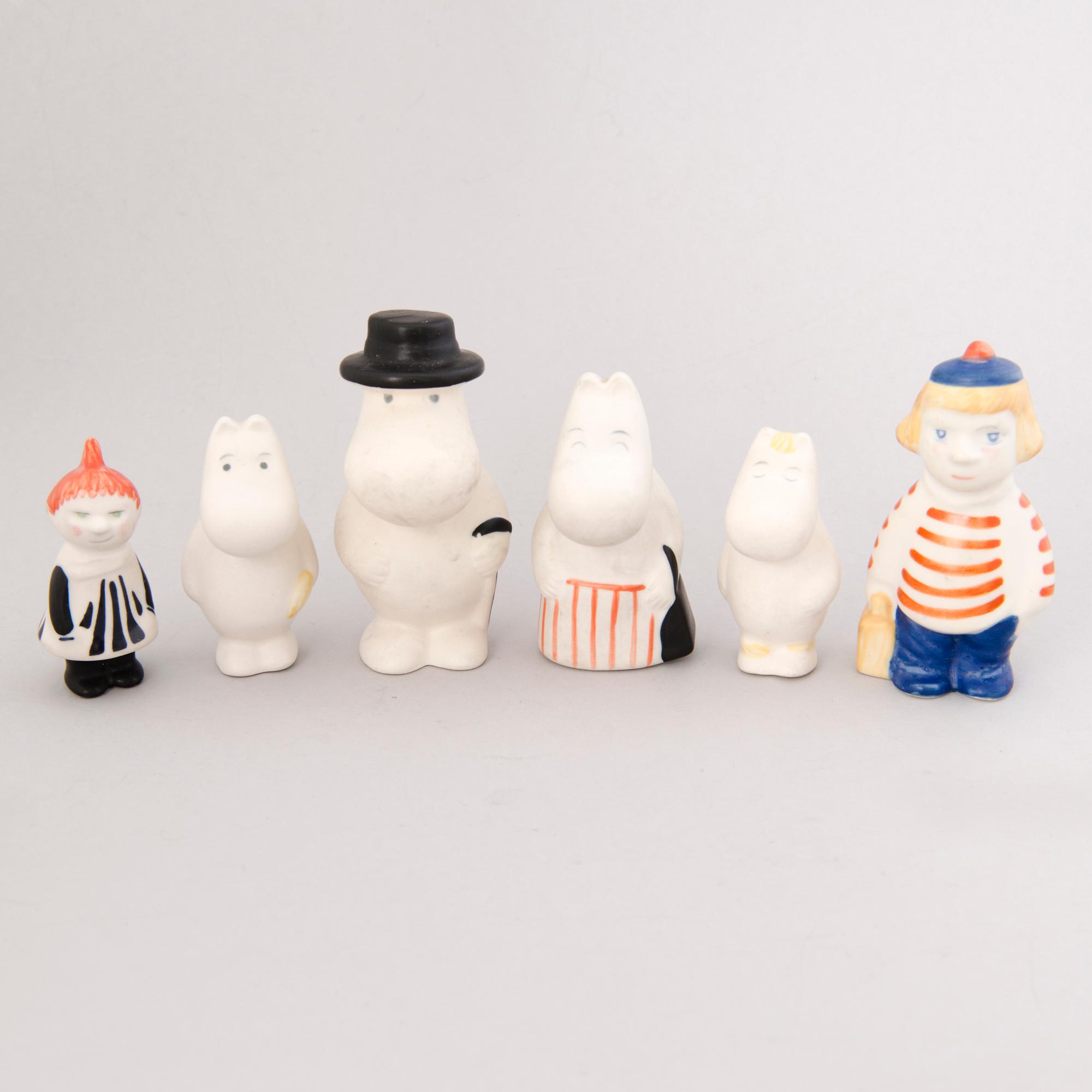 TUULIKKI PIETILÄ, Moomin, six different porcelain figurines, Arabia, Finland 1990s.