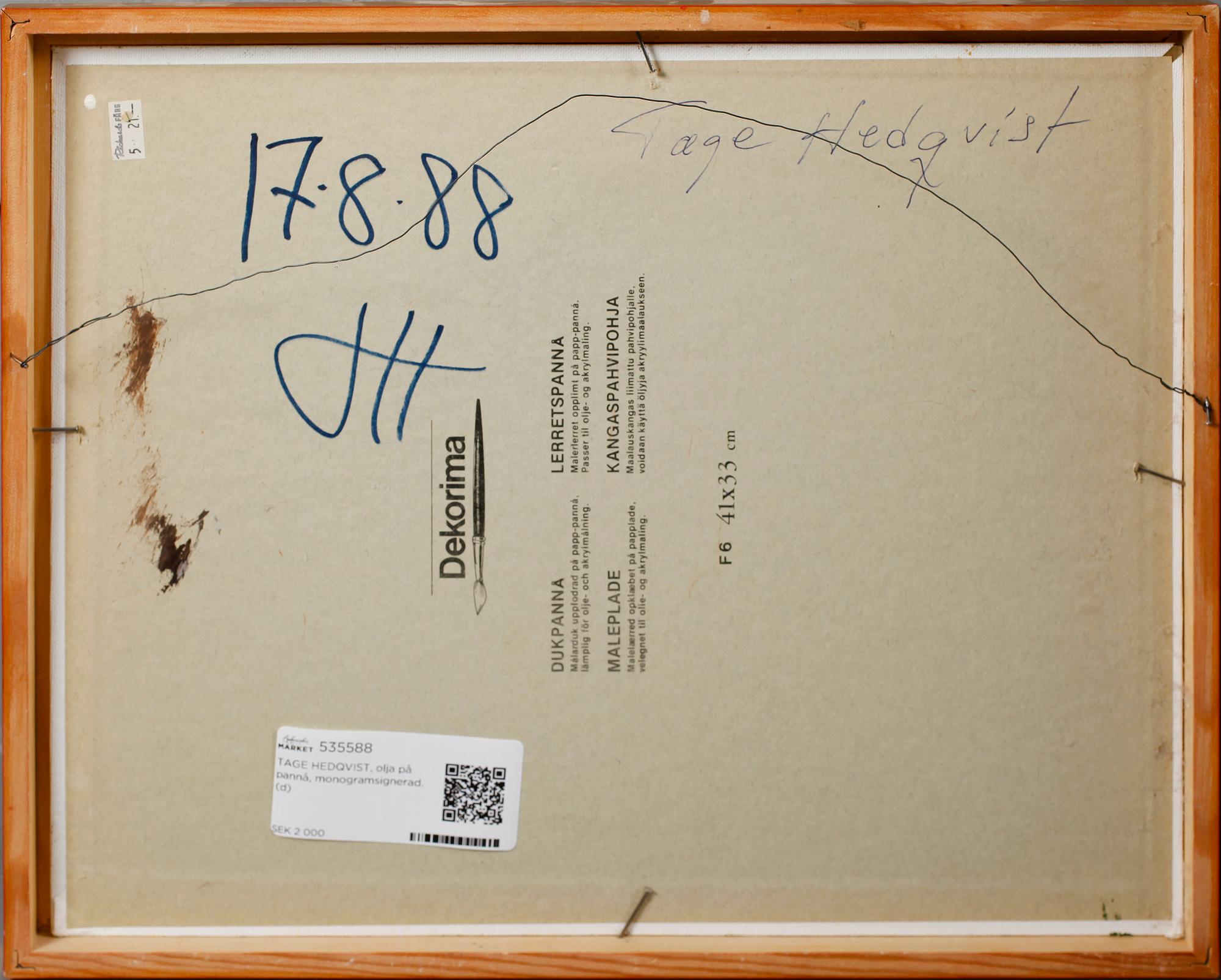 TAGE HEDQVIST, olja på pannå, monogramsignerad.