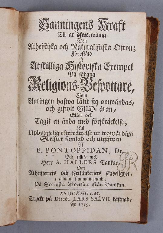 PARTI BÖCKER, 10 st, psalmböcker, teologi, 1700-1800-tal. Bla "Then Swenska Psalmboken", tryckt i Stockholm 1701.