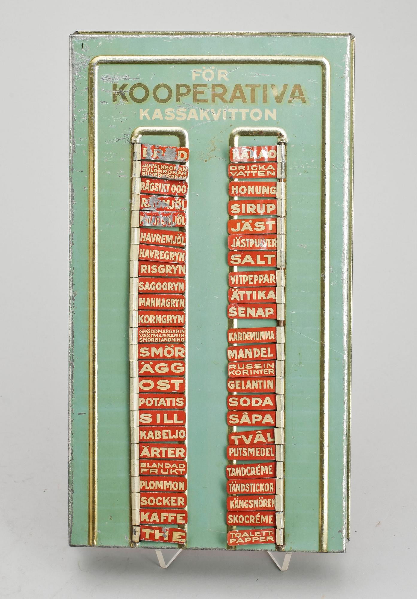 INKÖPSTAVLA TILL HUSHÅLLET, plåt, 1930/40-tal.