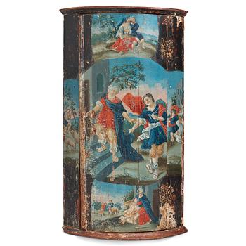 195. A Swedish late Baroque polychrome-painted corner cabinet, mid 18th century.